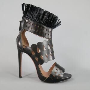 ALAIA Size 8.5 Black Cutout Leather Fringe Ankle Sandals